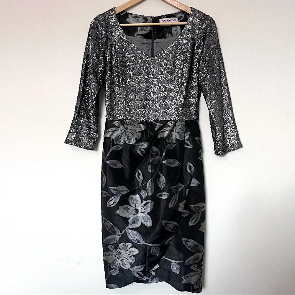 Lauren Nazima Silver Sequin Floral Brocade Cocktail Dress – Size 4 - Picture 2 of 10
